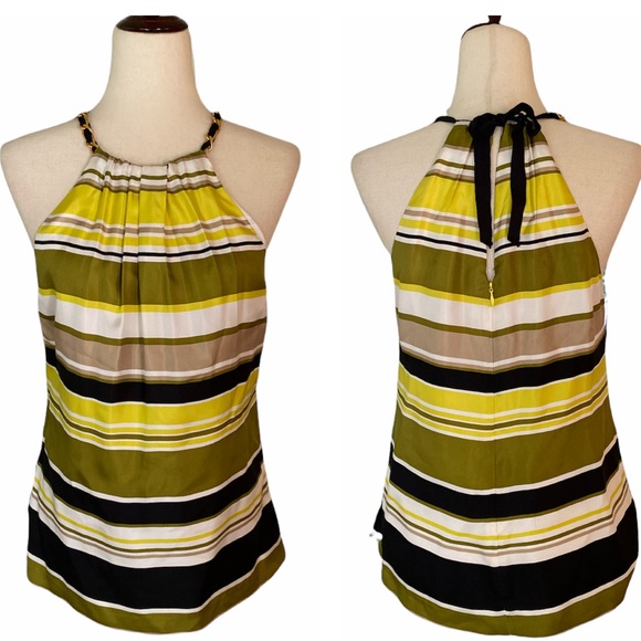 Milly Silk Striped Olive Green Yellow Black Halter Tank Top w/ Gold Chain - 4 - Picture 1 of 12